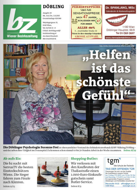Bericht über das Vorstandsmitglied des Behindertenverbandes Währing - Döbling Dr. Susanne Frei in der Wiener Bezirkszeitung